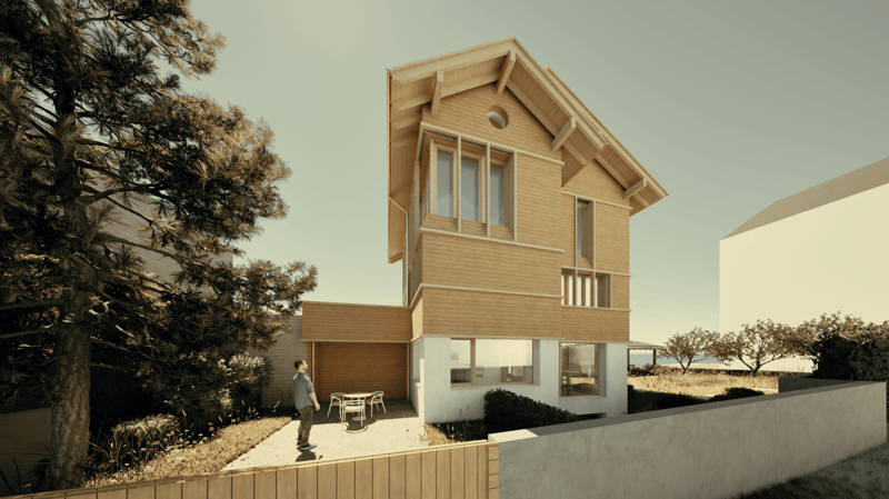 2-story wooden house with a balcony, large windows, and a patio area with outdoor furniture