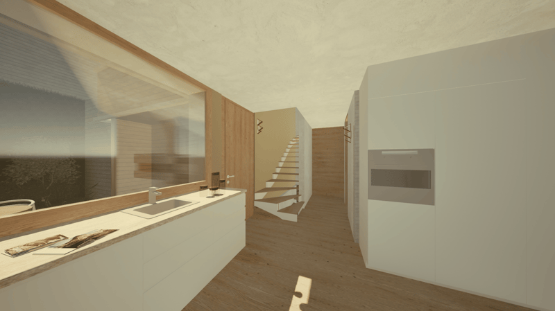 Open-concept kitchen and living area with wooden floors, white cabinets, and a spiral staircase leading to an upper level. The kitchen features a dishwasher and a minimalist design.