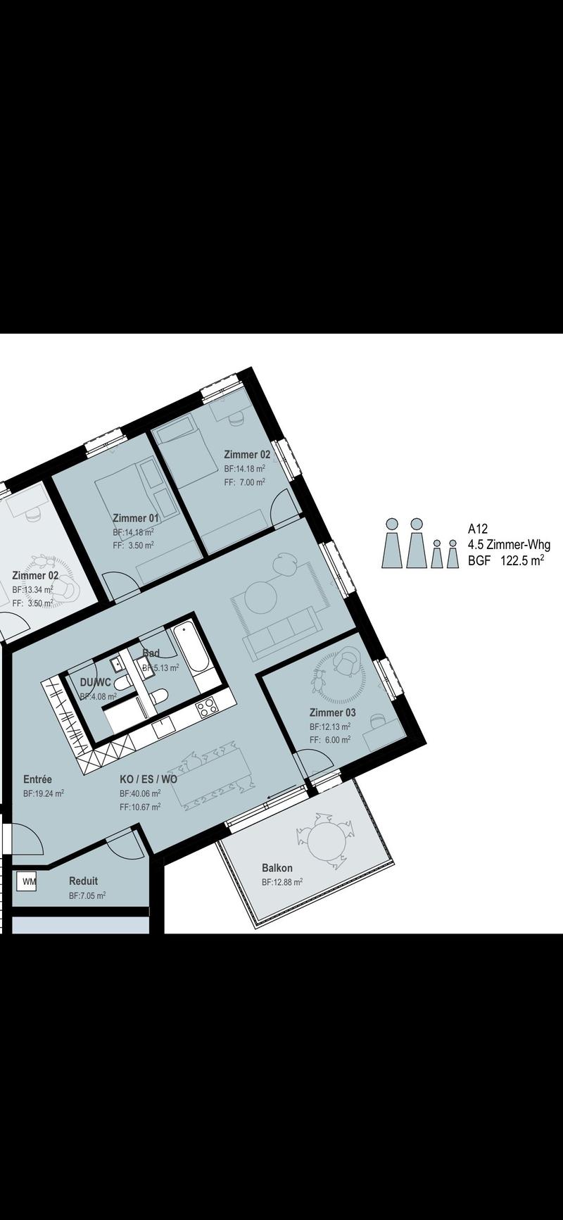 Three rooms, living room, entrance hall, kitchen, bathroom, balcony