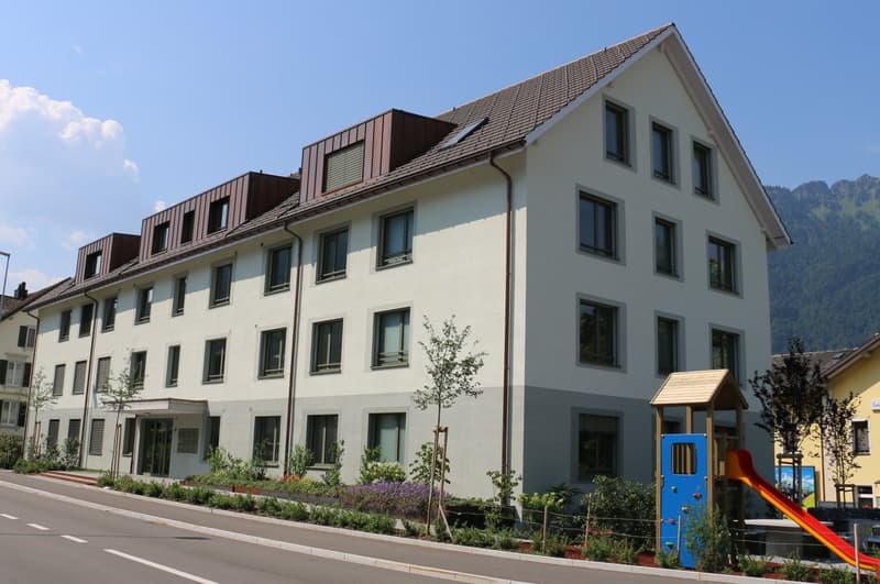Apartment building with brown roof, many windows, front garden with plants and flowers, a child's playground, and mountains in the background.