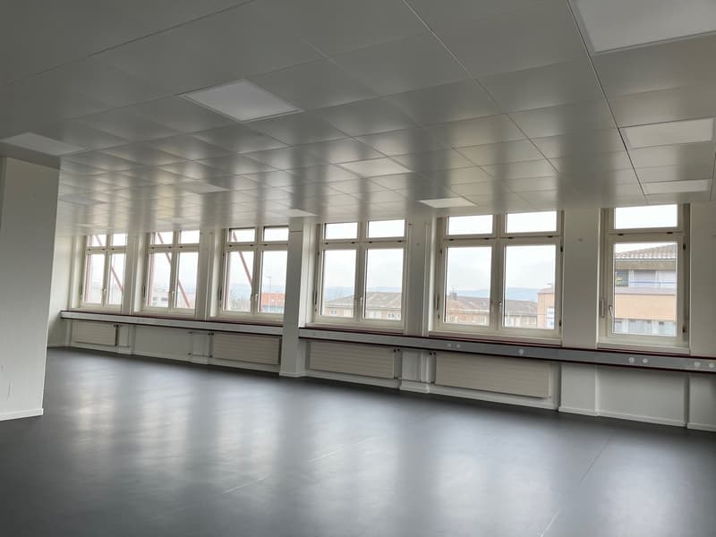 Large open office space with rows of windows, suspended ceiling tiles, and a clean, minimalist interior design.