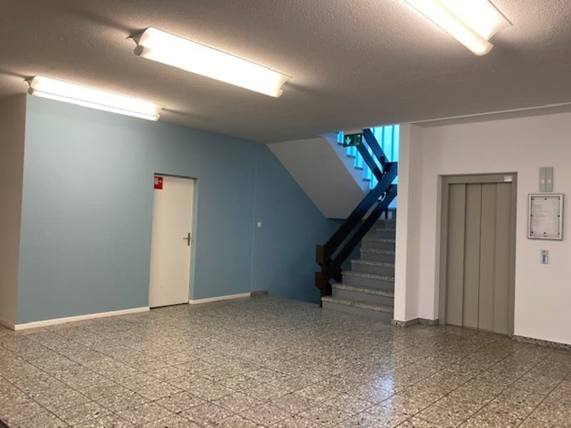 Empty room with blue walls, white ceiling, tiled floor, two doors, staircase, elevator, and lights