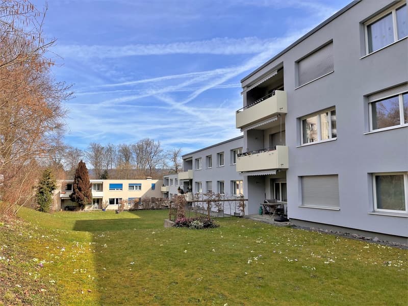 Das Bild zeigt den Sitzplatz mit Grillstelle der schönen Wohnung.