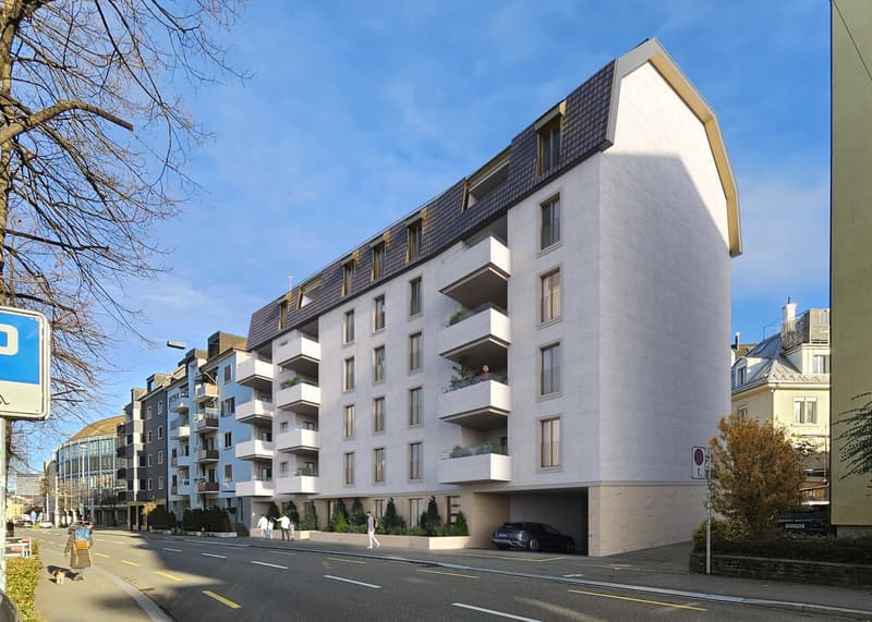 Multi-story building, multiple balconies, underground garage