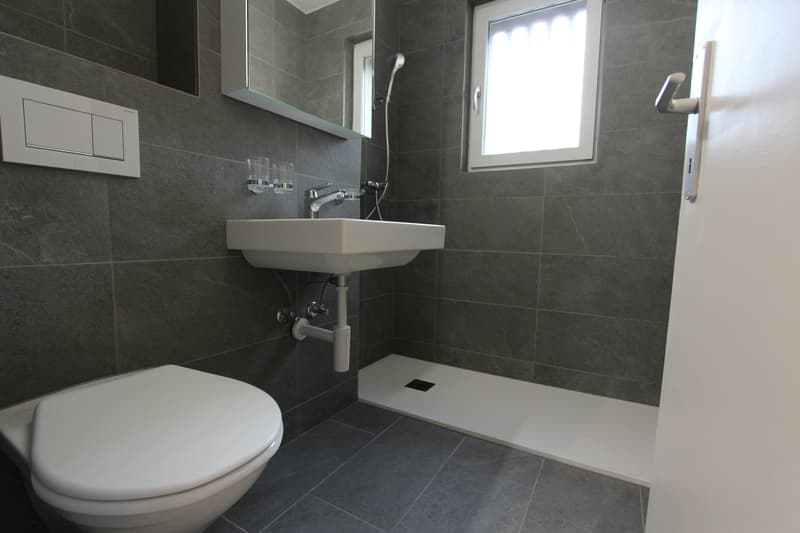 modern bathroom with white toilet, white sink, shower, mirror, gray tiles