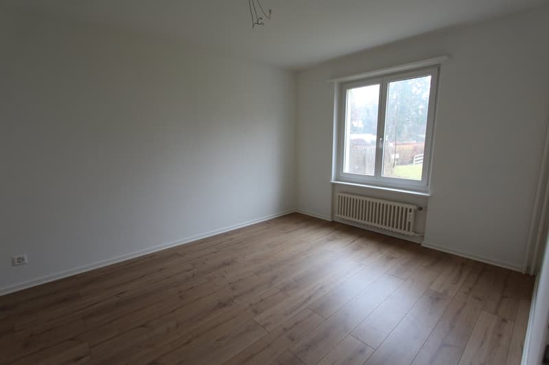 empty room, white walls, wooden floor, window with white frame, white radiator