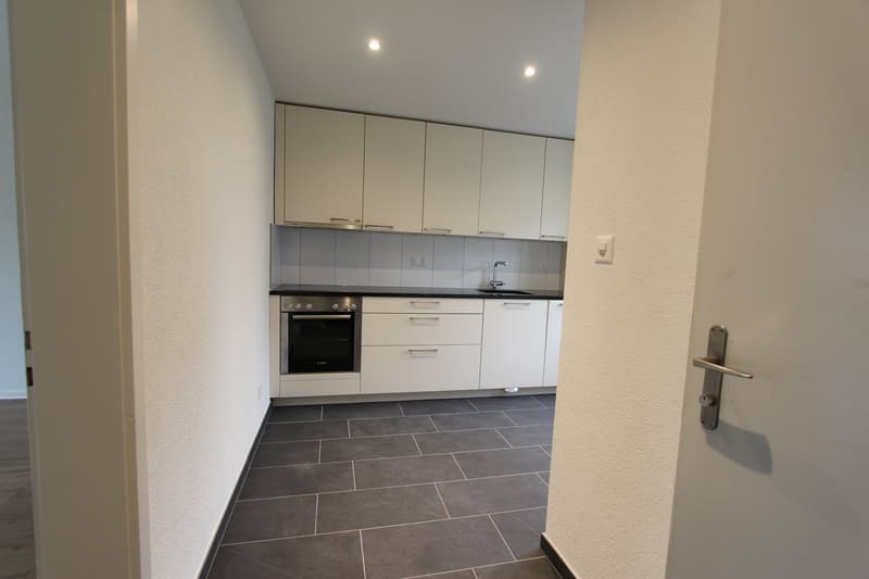 modern kitchen with white cabinets, black tiled floor, integrated oven and dishwasher, sink with faucet