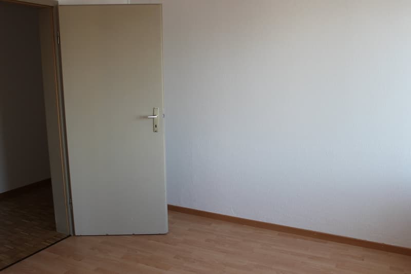 Empty room with white walls, wooden floor, open door