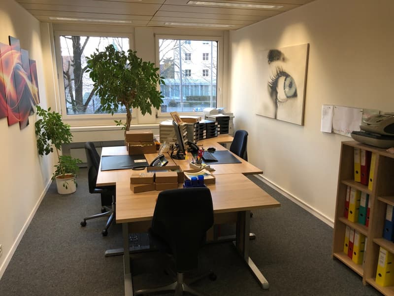 The image shows an office space with a large wooden desk, a computer, and various office supplies and equipment. There is a potted plant on the desk and artwork on the walls. The room has large windows overlooking the outdoors.