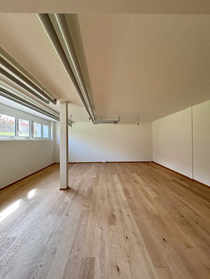 empty room, wooden floor, white walls, windows, pipes on ceiling