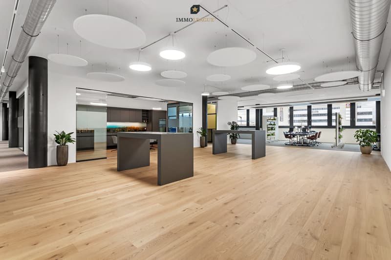 Der weitläufige Gemeinschaftsbereich prägt mit offenen Übergängen und klarer Architektur den repräsentativen Charakter der Büroetage.