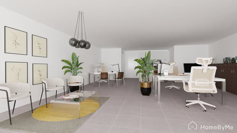 Modern workspace with office desks, white chairs, glass table, potted plants, large windows, neutral decorations, contemporary office furniture