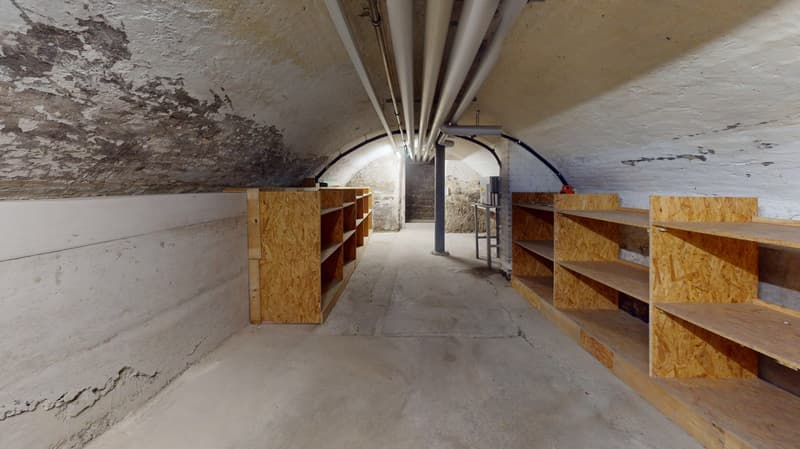 A tunnel-like interior with concrete walls and ceiling. It features wooden shelves on both sides and an open entrance at the end. The tunnel has visible pipes running along the ceiling.