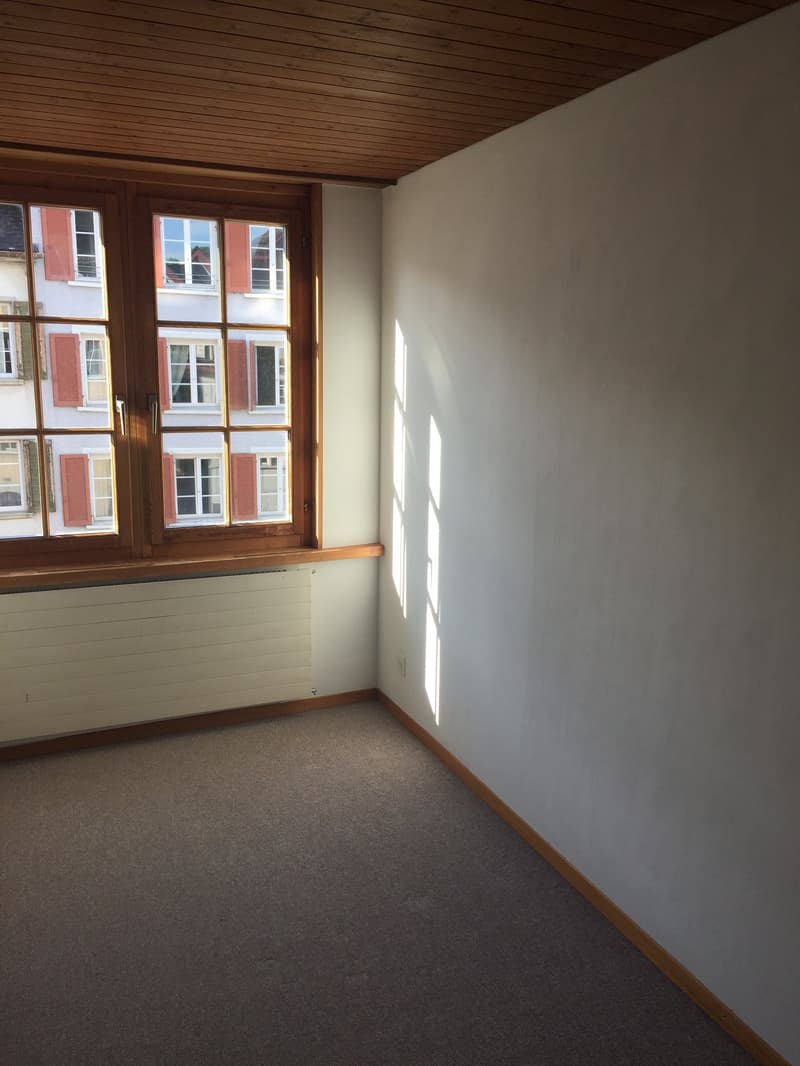Empty room with large window, wooden ceiling, wooden flooring