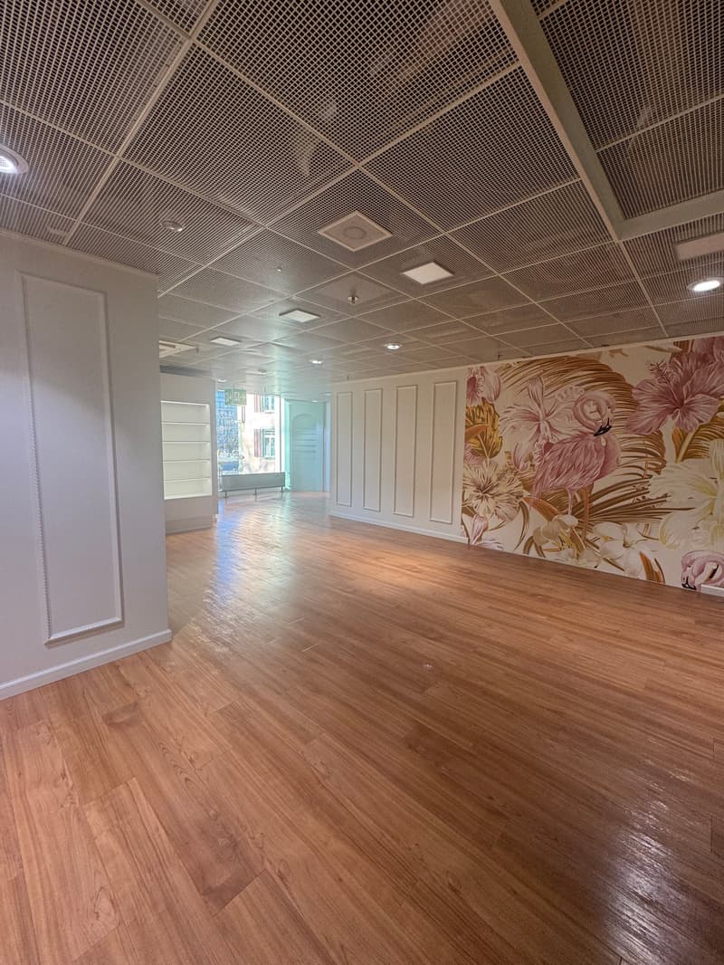 empty room, wooden floor, white walls, mural on one wall, metal ceiling