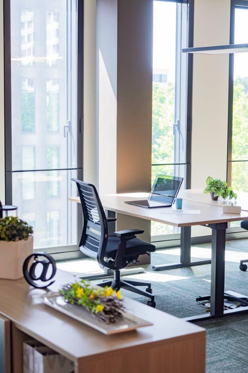 Modern office space with large windows, adjustable desk, office chair, laptop, and potted plants