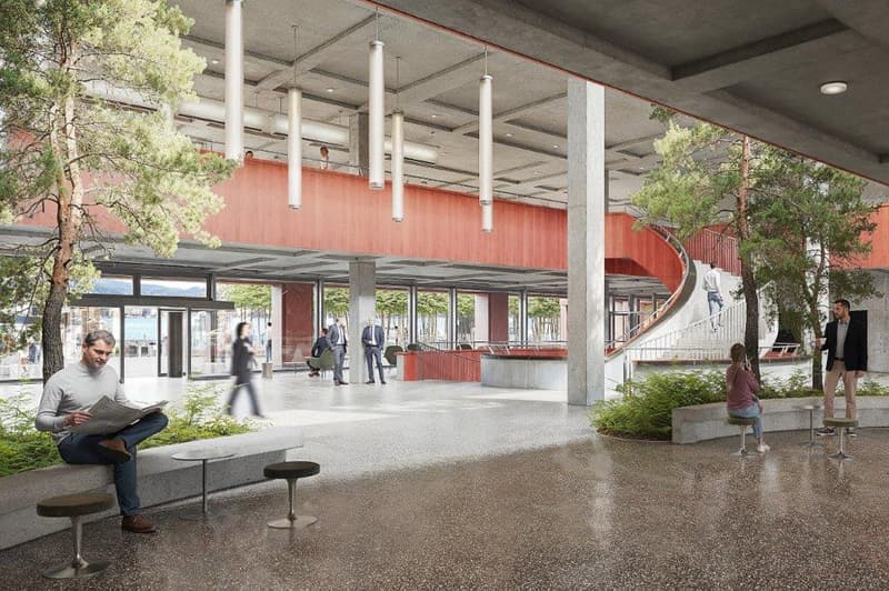 modern office building, red brick, windows, concrete flooring, staircase, seating area, trees