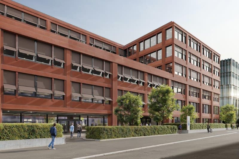 Red brick office building, large windows, multiple floors, tree landscaping, sidewalk, entrance