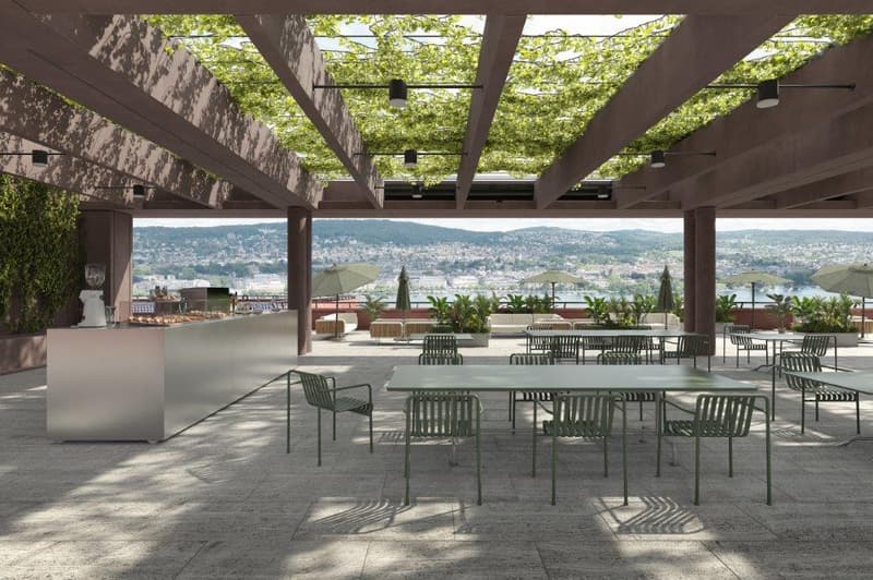 outdoor seating area with tables and chairs, covered by pergola, tables, umbrellas, scenic views of cityscape, mountain range, greenery, bar counter