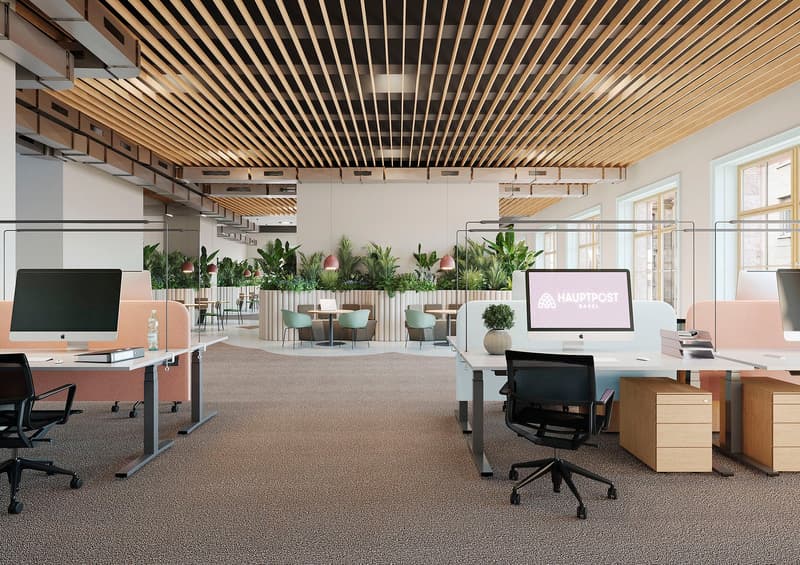 Open office layout with wooden slat ceiling, large windows, potted plants, desks with computers, and a lounge area with chairs and tables.