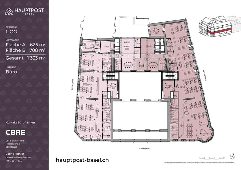 The floor plan shows the layout of the Hauptpost building in Basel, Switzerland. It includes a large office space with various rooms and workstations, as well as a parking area.