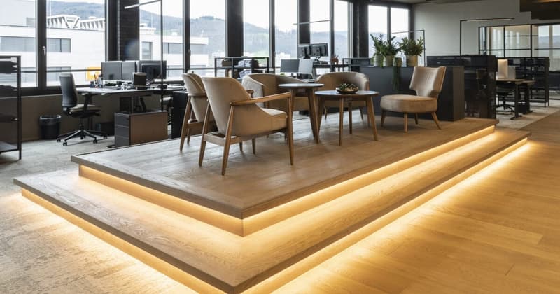 Open space with a platform, wooden furniture, glass windows, monitor, trash bin, desk, armchairs, coffee table, plants, ceiling light