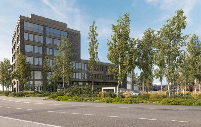 modern office building, multiple floors, glass windows, parking area, greenery