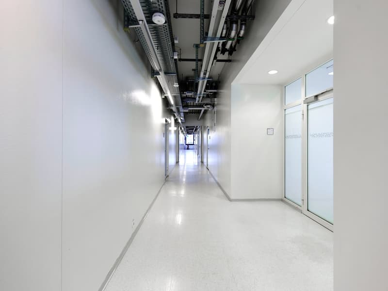 white walls, floor, glass doors, metal ceiling with pipes, ceiling lights