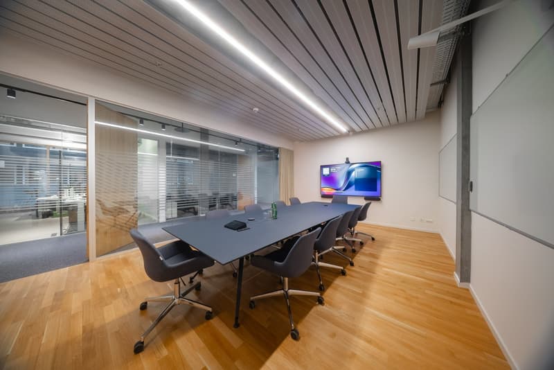 conference room, long table, 9 chairs, a television on the wall, glass windows with blinds