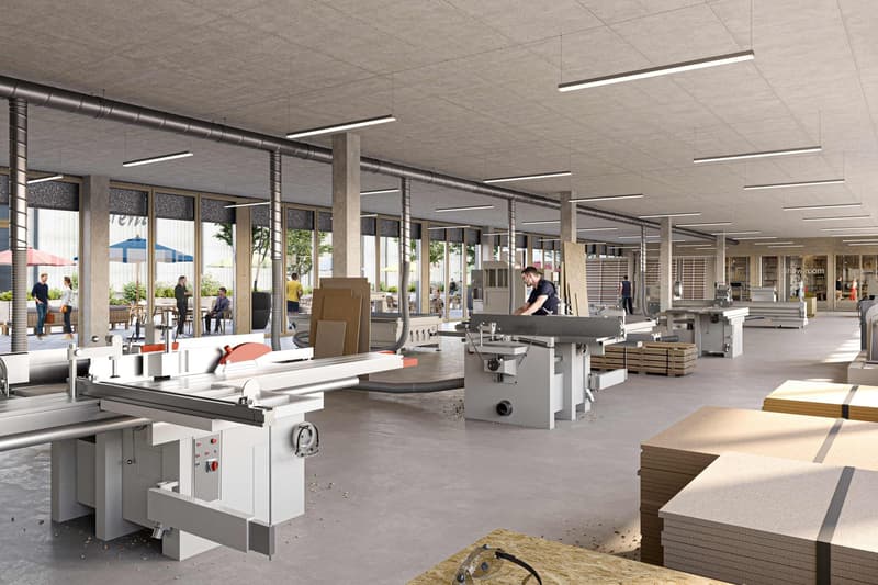 factory with modern workshop machines, several workers, large windows, modern design, steel beams, grey flooring