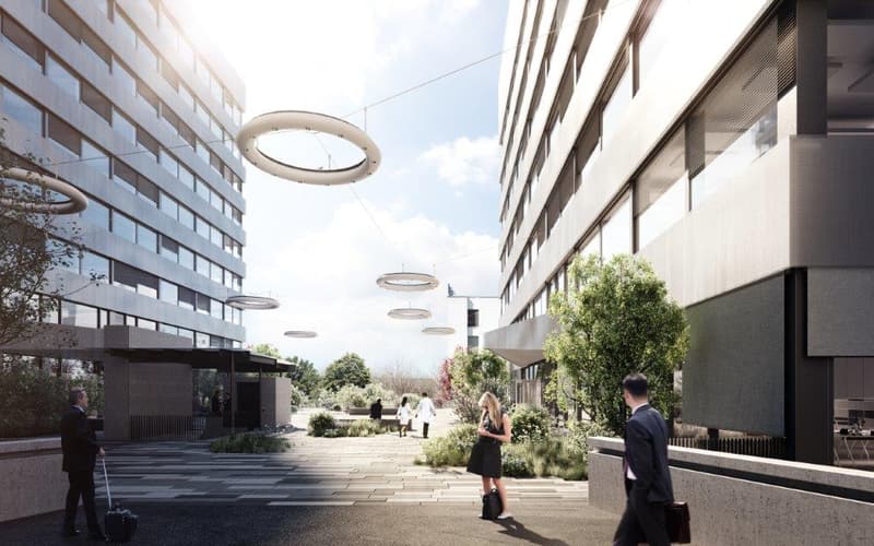 Contemporary architectural design with sleek buildings, modern outdoor walkways, large hanging lamps, greenery and trees, bustling people