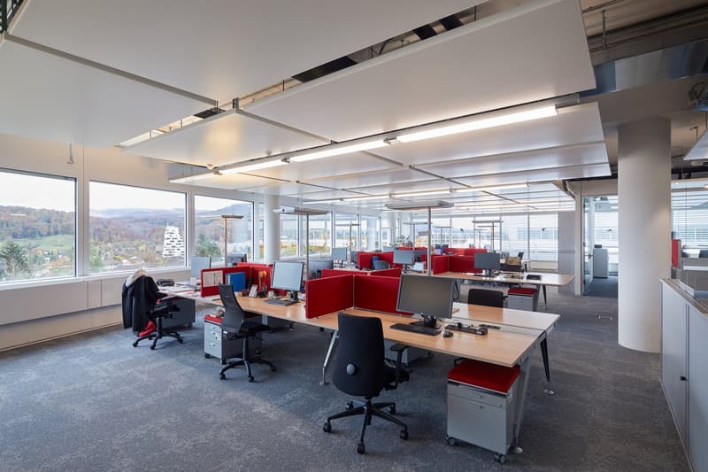 modern office space with desks, chairs, computers, large windows, carpeted floor, ceiling lights