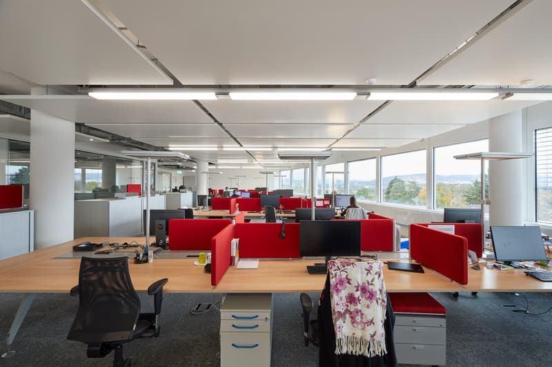 modern office space with desks, computers, chairs, and large windows