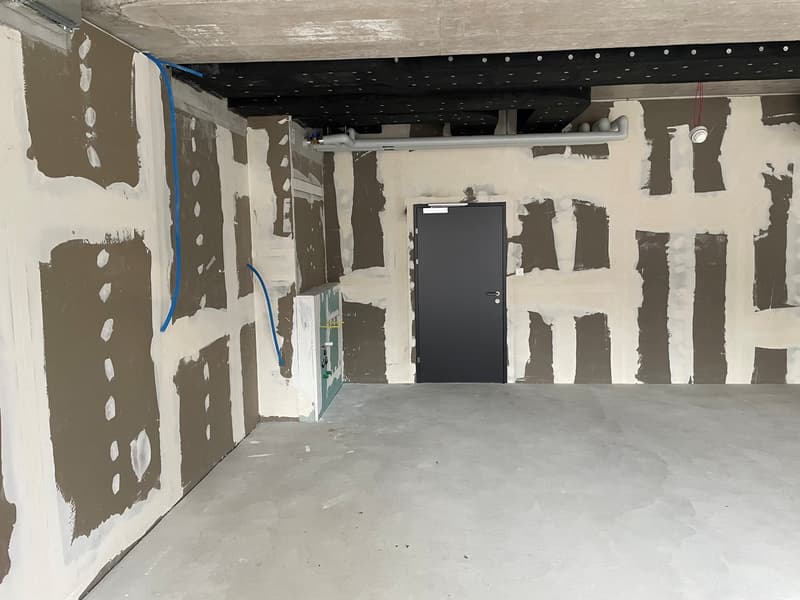 unfinished room, concrete floor, walls being painted, door, electrical box