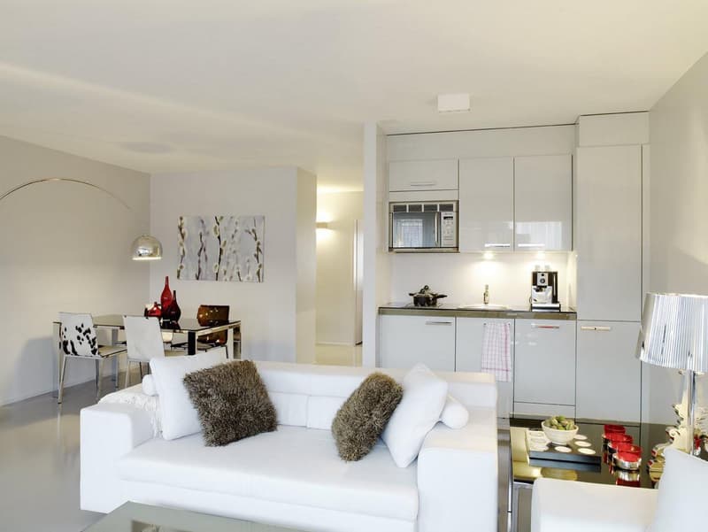Modern living room with white couch, white kitchen cabinets, glass dining table, decorative objects, modern flooring, and a silver floor lamp