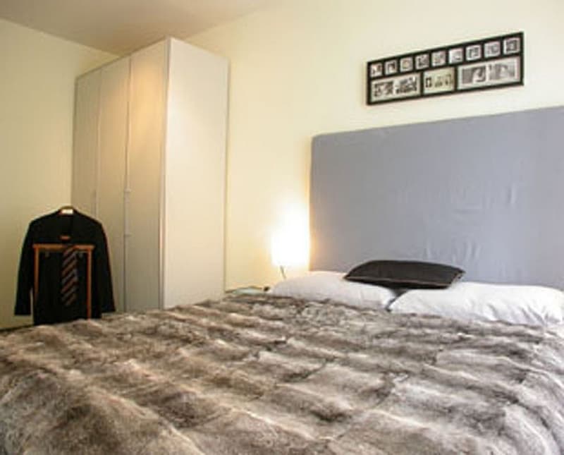A bedroom with a large bed and fur comforter, a wardrobe, and an empty wall space.