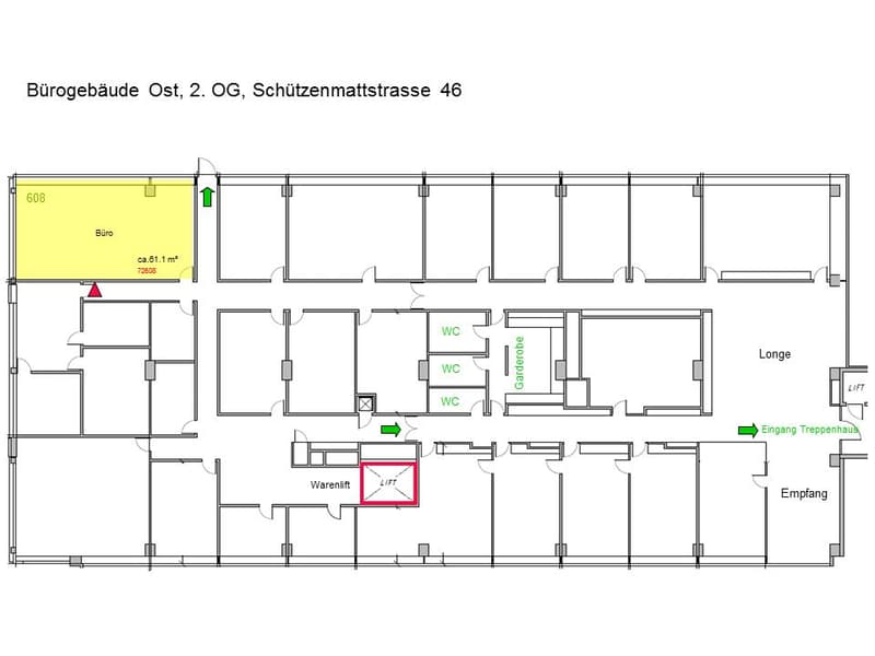 Floor plan of an office space with entrance, office room, storage room, and three WCs.
