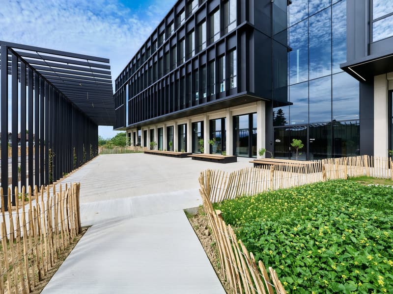 modern architecture, black panels, glass facade, open walkway, garden, trees