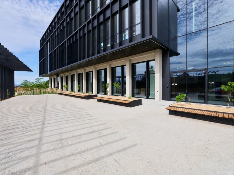 Modern building, large glass windows, outdoor benches, greenery
