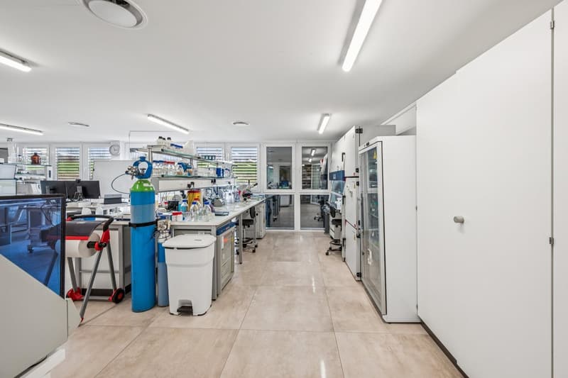 laboratory interior, counters, white cabinetry, refrigerators, glass windows, ceiling lighting, equipment