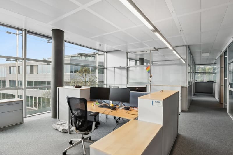modern office space, large windows, desks, computer monitors, office chairs, cabinets, carpeted floor