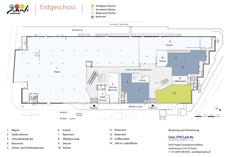 Ground floor plan of an establishment, includes optical shop, shoe service, kiosk, ATM, reserved areas, and exterior views