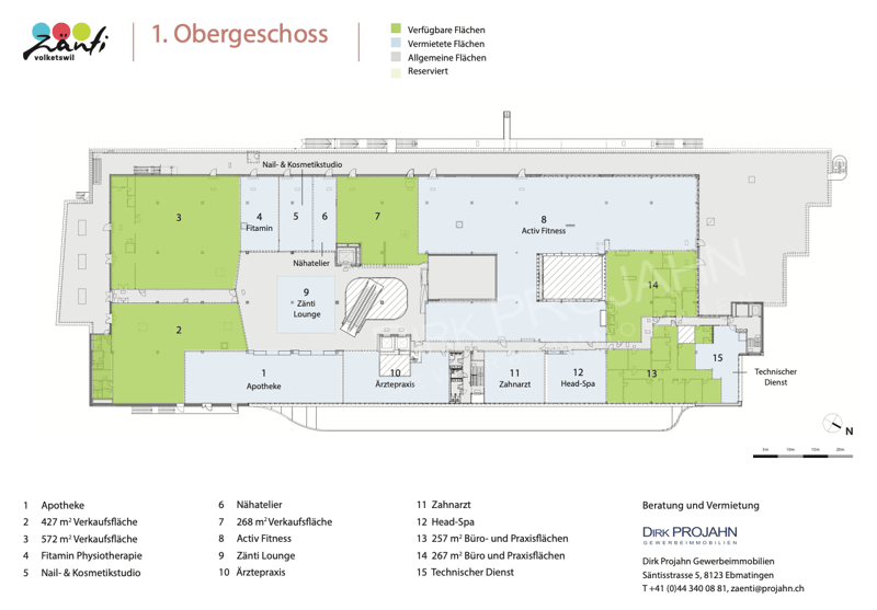 Ground floor plan with a pharmacy, a spa, a fitness center, a beauty salon, a nail and cosmetics studio, a lounge, a dental practice, a waiting room, a head spa, and a dentist office.