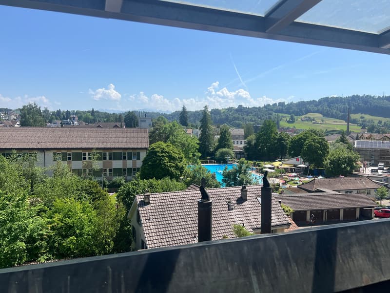 Blick von der gedeckten Terrasse Richtung Schwimmbad