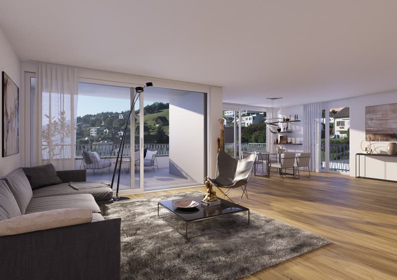modern living room, large windows, balcony, wooden floor, gray couch, glass coffee table, decorative items