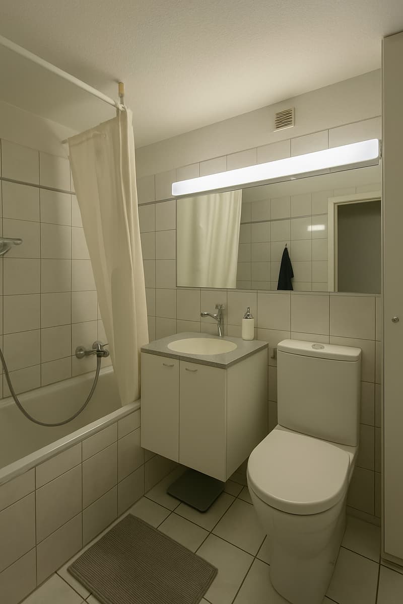 Bathroom with bathtub, sink, toilet, mirror, shower curtain, underfloor heating