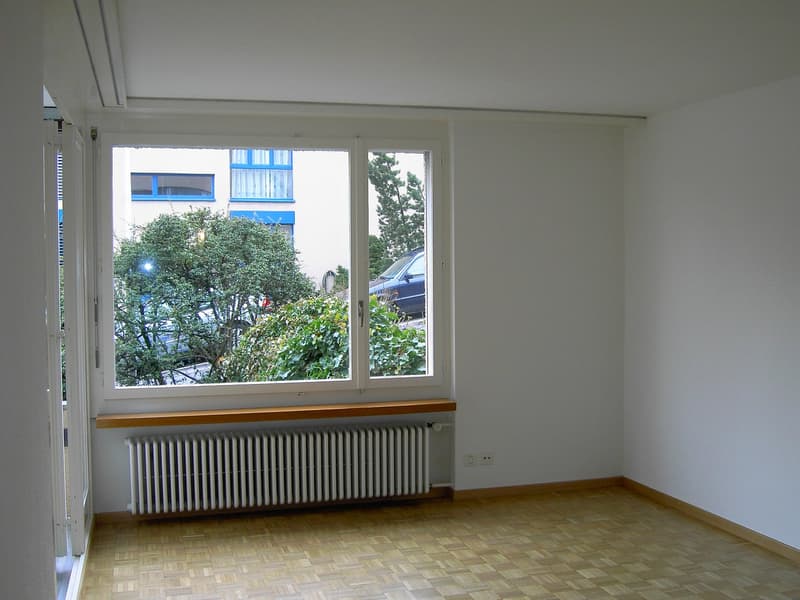Empty room, double doors, double windows, radiator, wooden floor