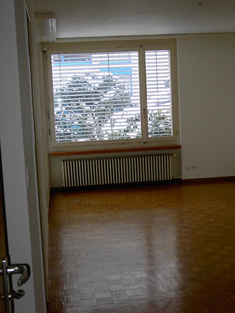 empty room, wooden floor, large window, white walls, radiator