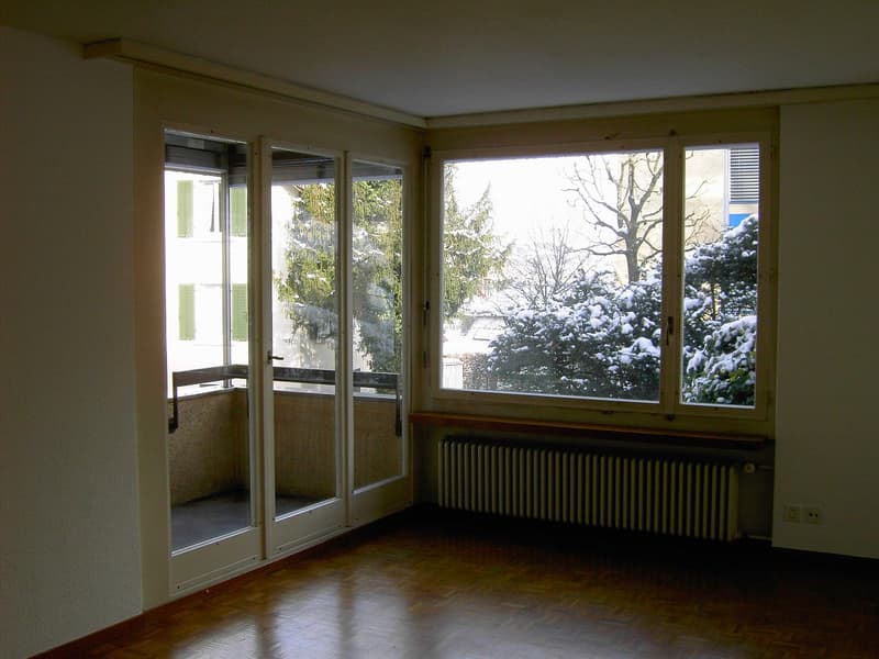 white walls, large windows, sliding glass doors, balcony, radiator, wooden floor