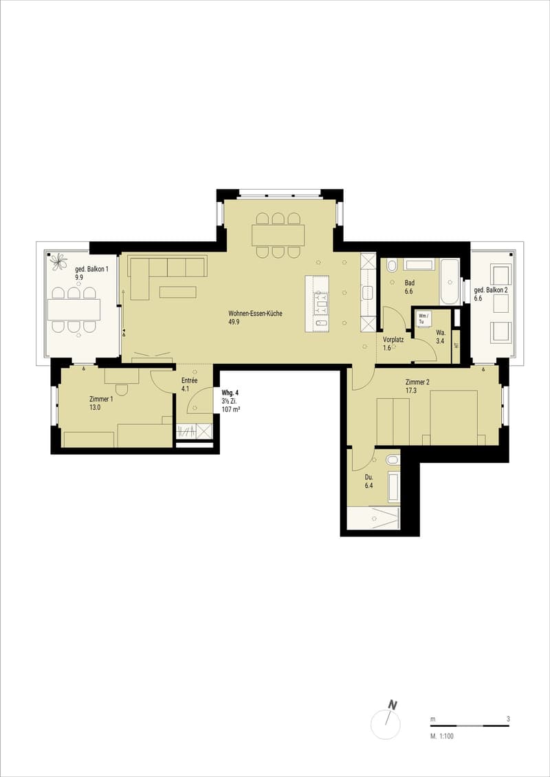 Grundriss Wohnung 4, 3.5 Zi., 106 m2, 1. Obergeschoss